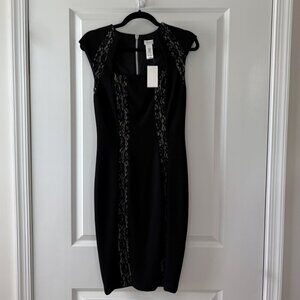 Cache Black Form Fitting Midi Dress Lace Detail Full Back Zipper Size 4
